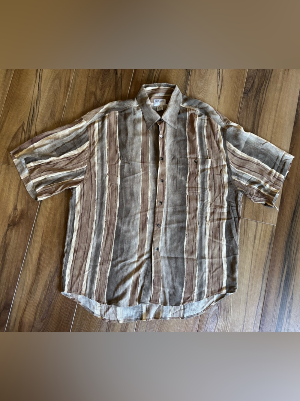 Domani Men's Short-Sleeve Striped Button-Down Shirt in Brown and Cream